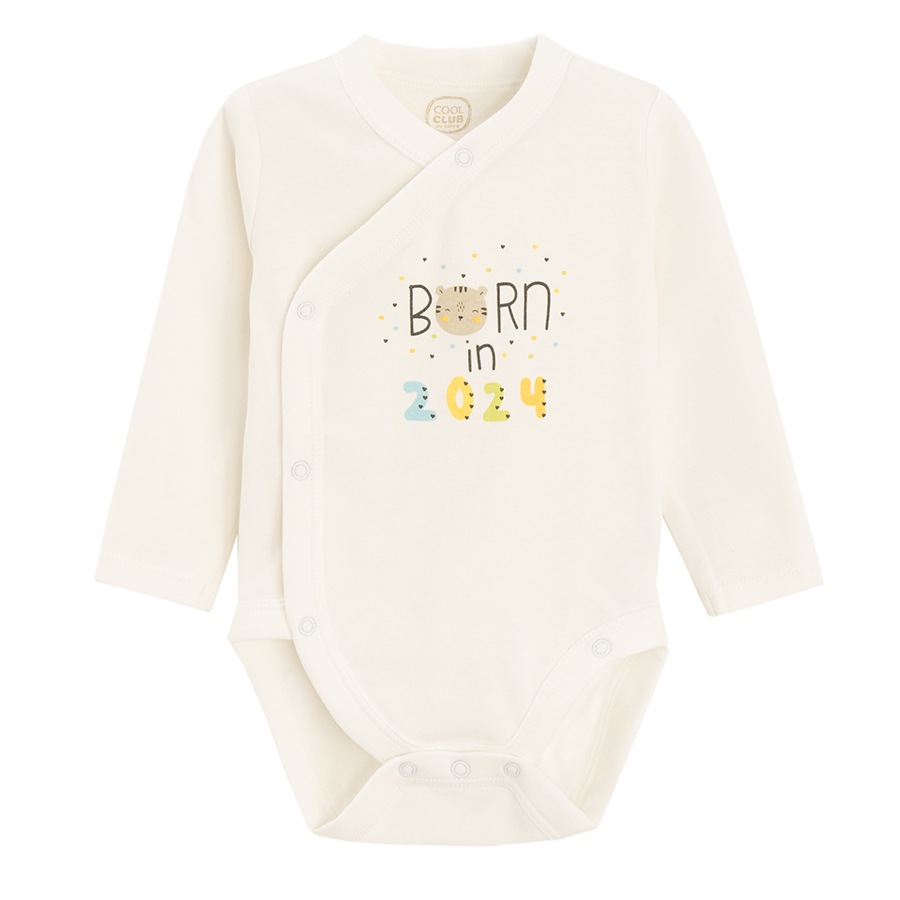 Born in 2024 white long sleeve wrap bodysuit and footed leggings with animals print