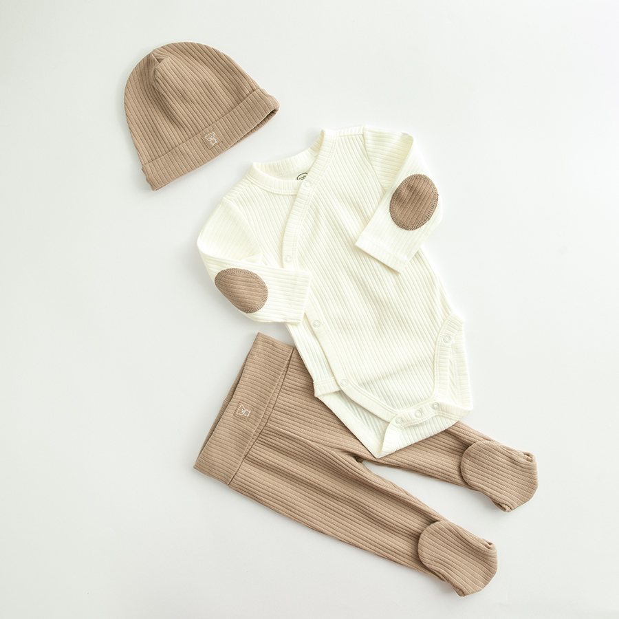 Ecru long sleeve wrap bodysuit with brown footed leggings and brown hat- 3 pieces