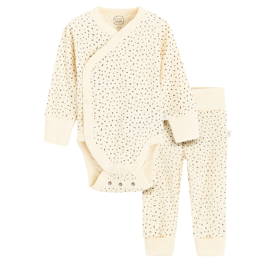 Ecru wrap long sleeve bodysuit with matching footless leggings- 2 pieces