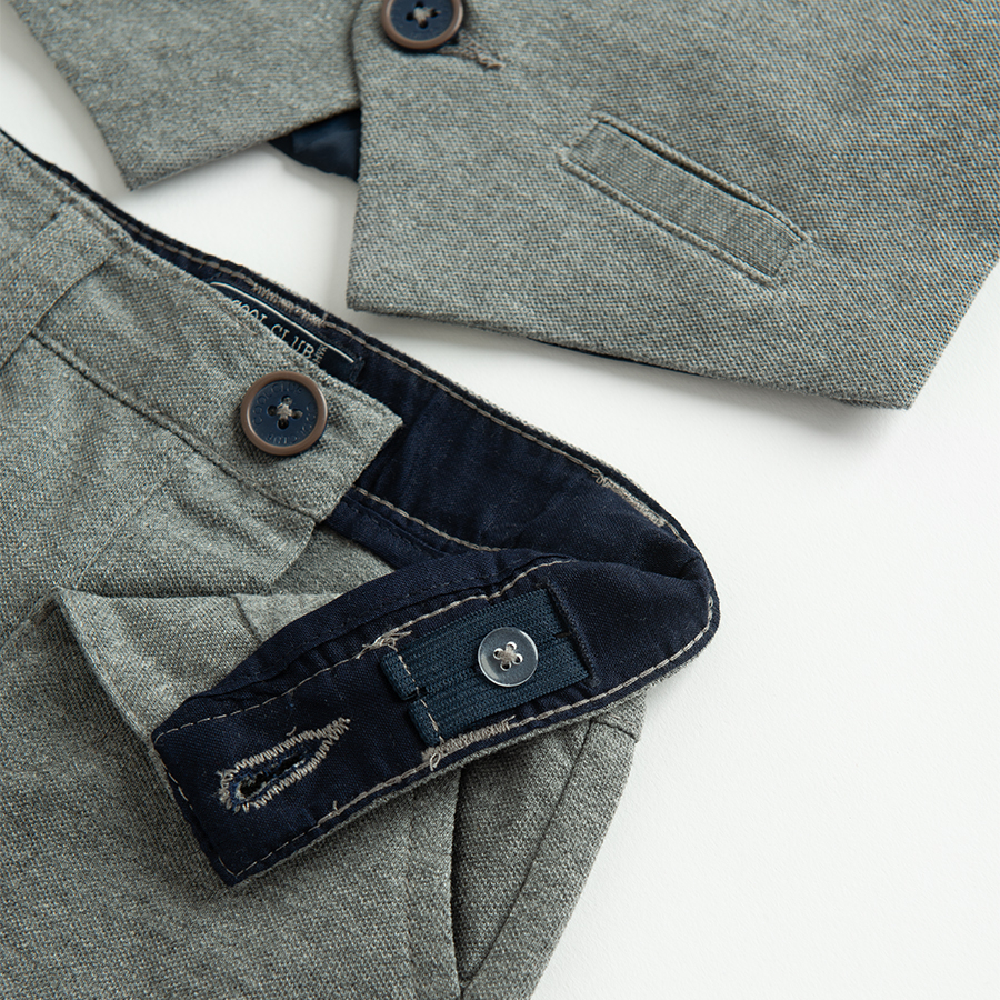 3 piece suit- white long sleeve polo bodysuit, grey vest and trousers