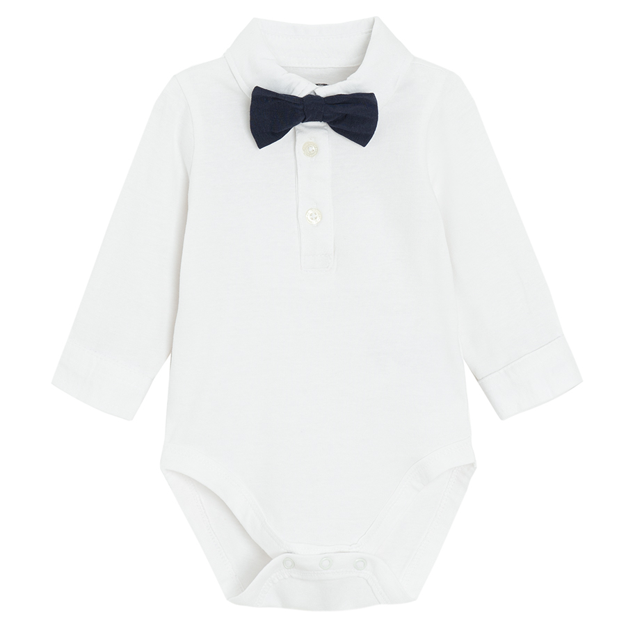 3 piece suit- white long sleeve polo bodysuit, grey vest and trousers