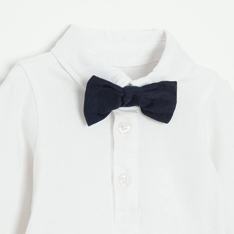 3 piece suit- white long sleeve polo bodysuit, grey vest and trousers