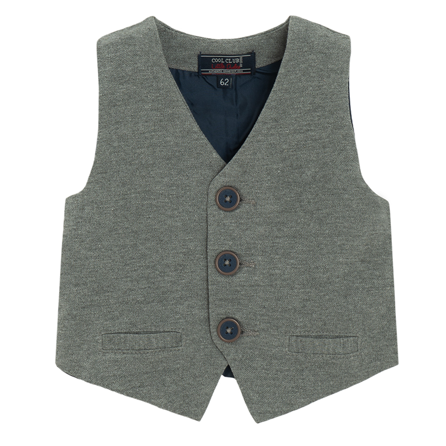 3 piece suit- white long sleeve polo bodysuit, grey vest and trousers