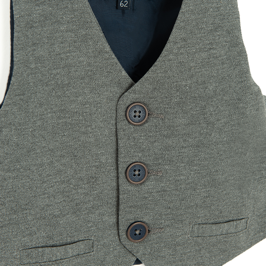 3 piece suit- white long sleeve polo bodysuit, grey vest and trousers