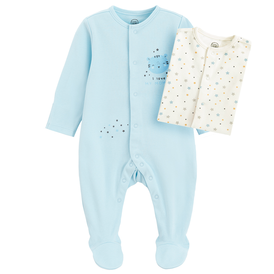 Blue and white long sleeve footed overall with animals print