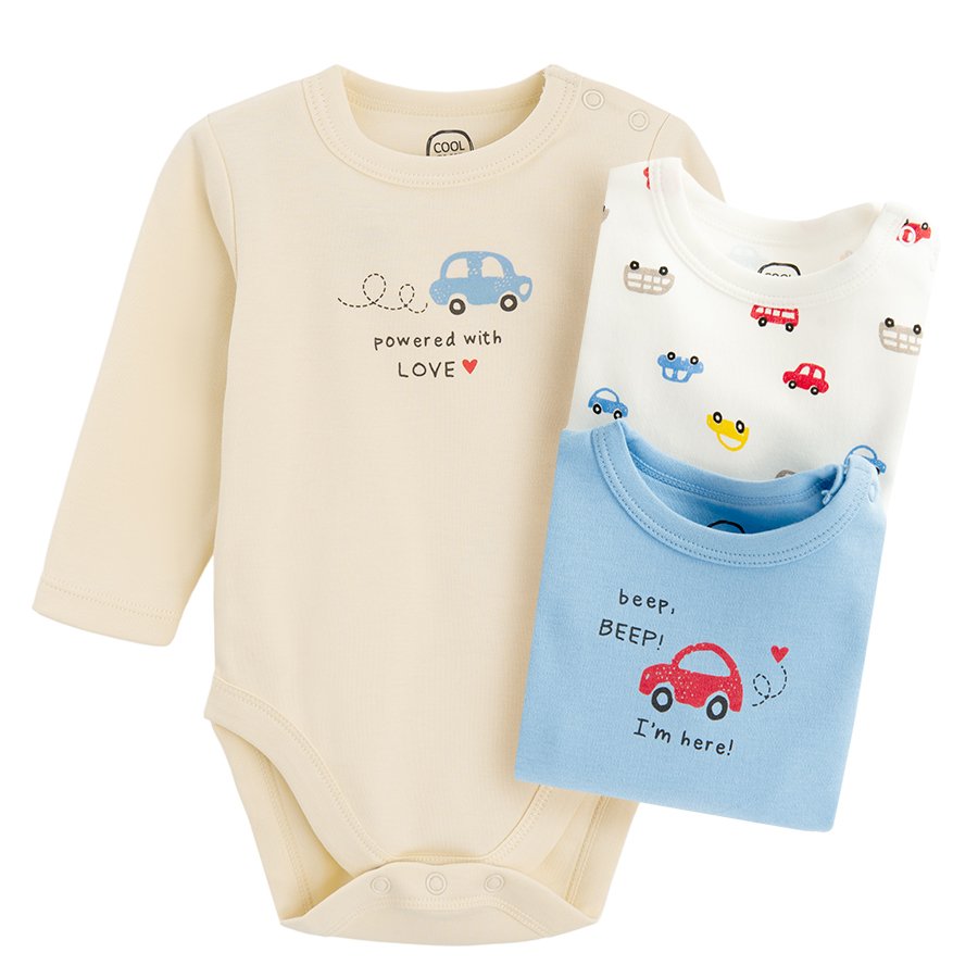 White, beige and light blue long sleeve bodysuits with car prints - 3 pack