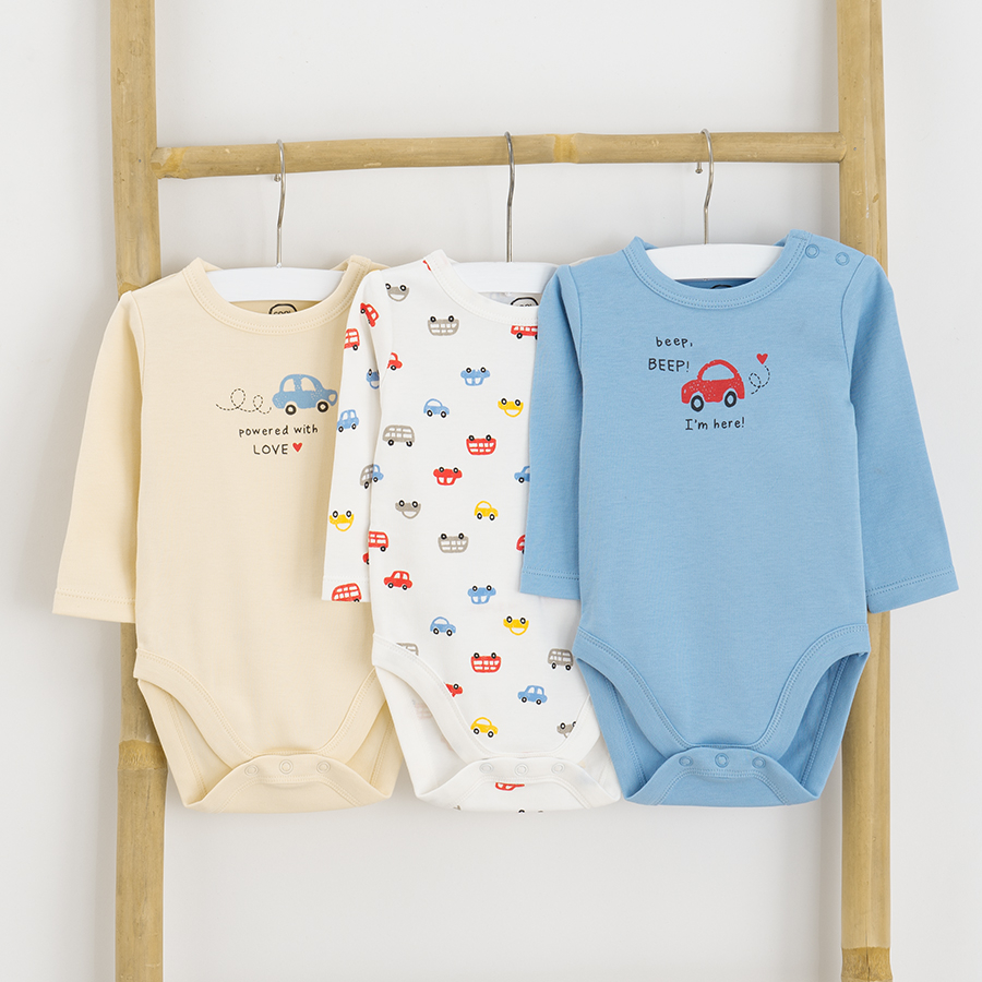 White, beige and light blue long sleeve bodysuits with car prints - 3 pack