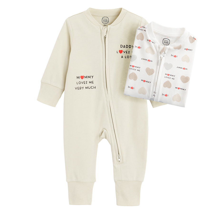 White and ecru footless overall with 'mon and dad loves me' print- 2 pack
