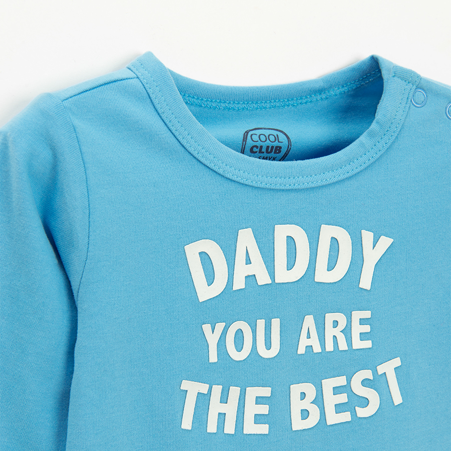 Light blue long sleeve bodysuit DADDY YOU ARE THE BEST print and ecru sweatpants set- 2 pieces