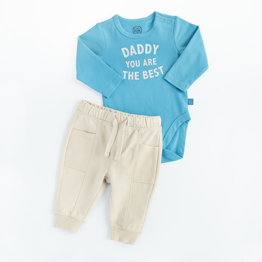 Light blue long sleeve bodysuit DADDY YOU ARE THE BEST print and ecru sweatpants set- 2 pieces
