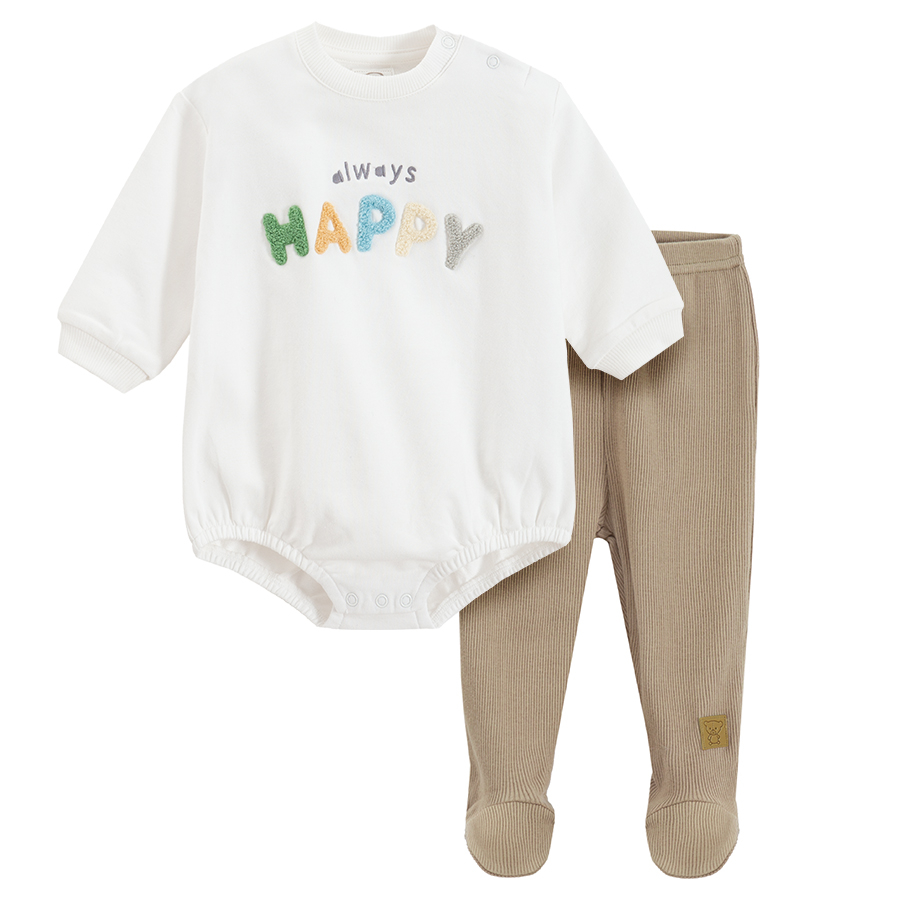 White long sleeve bodysuit ALWAYS happy print and brown footed leggings set- 2 pieces