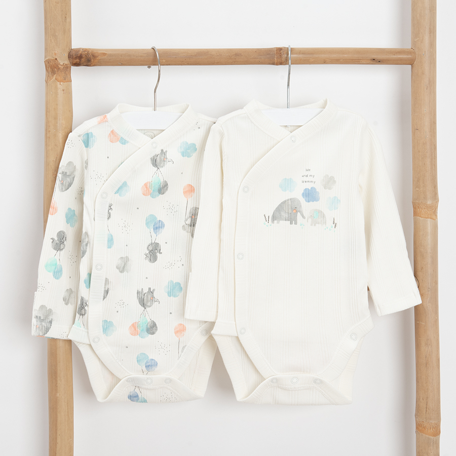 White long sleeve wrap bodysuits with elephants print- 2 pack