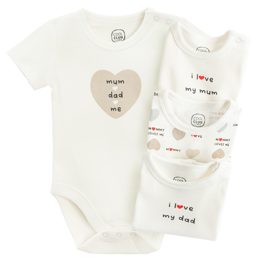 White short sleeve bodysuits with love mom and dad prints- 4 pack