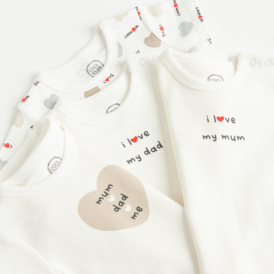 White short sleeve bodysuits with love mom and dad prints- 4 pack