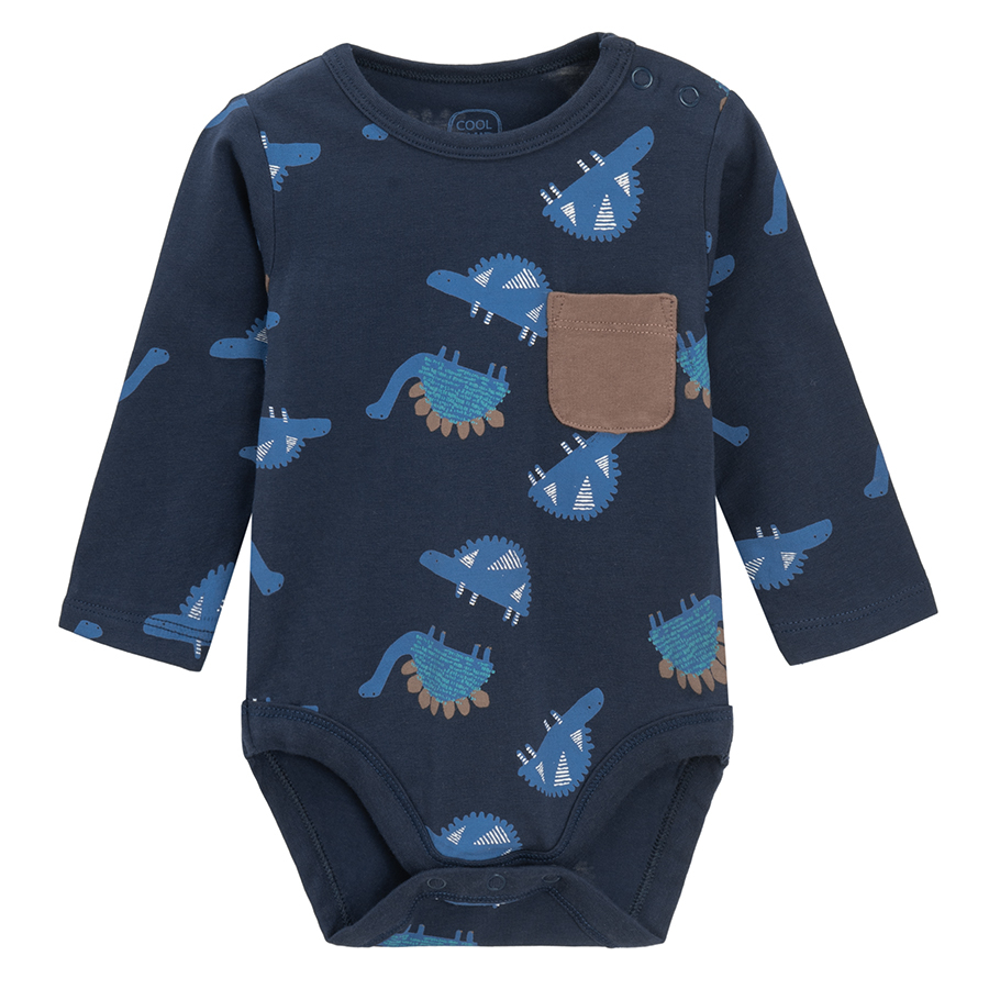 Dark blue long sleeve bodysuit with dinosaurs print