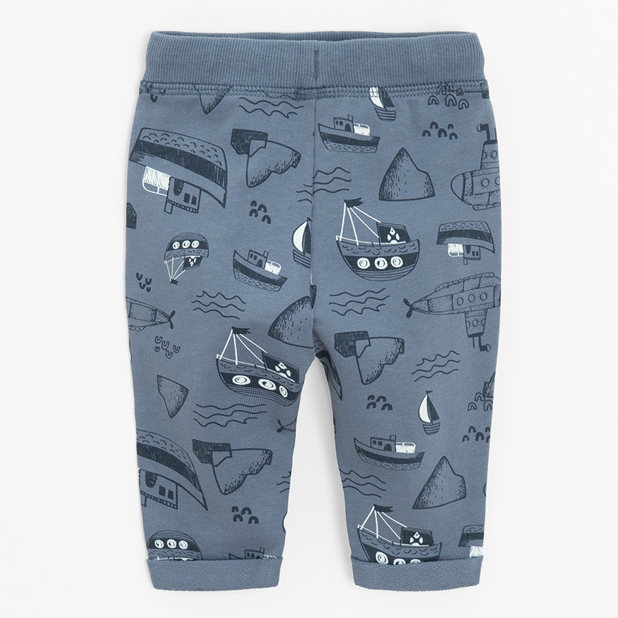 Blue jogging pants with ships print and cord