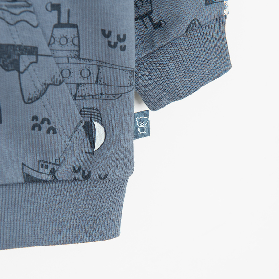 Blue zip through sweatshirt with ships print
