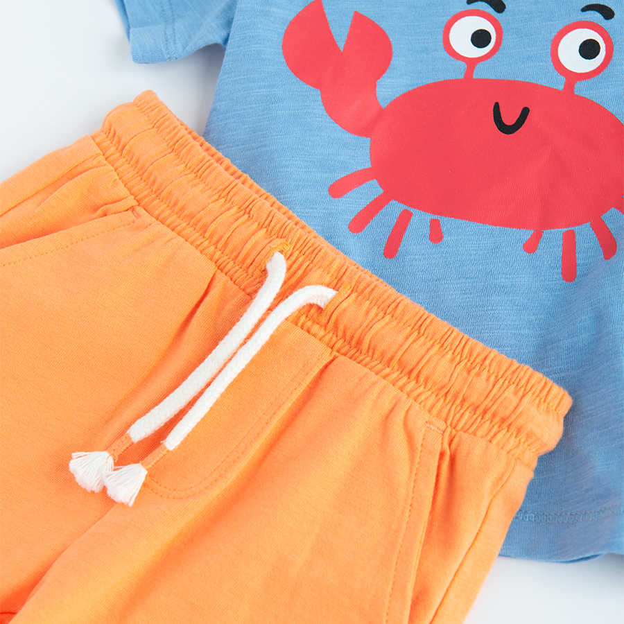 Blue T-shirt with red crab print and beige shorts set- 2 pieces