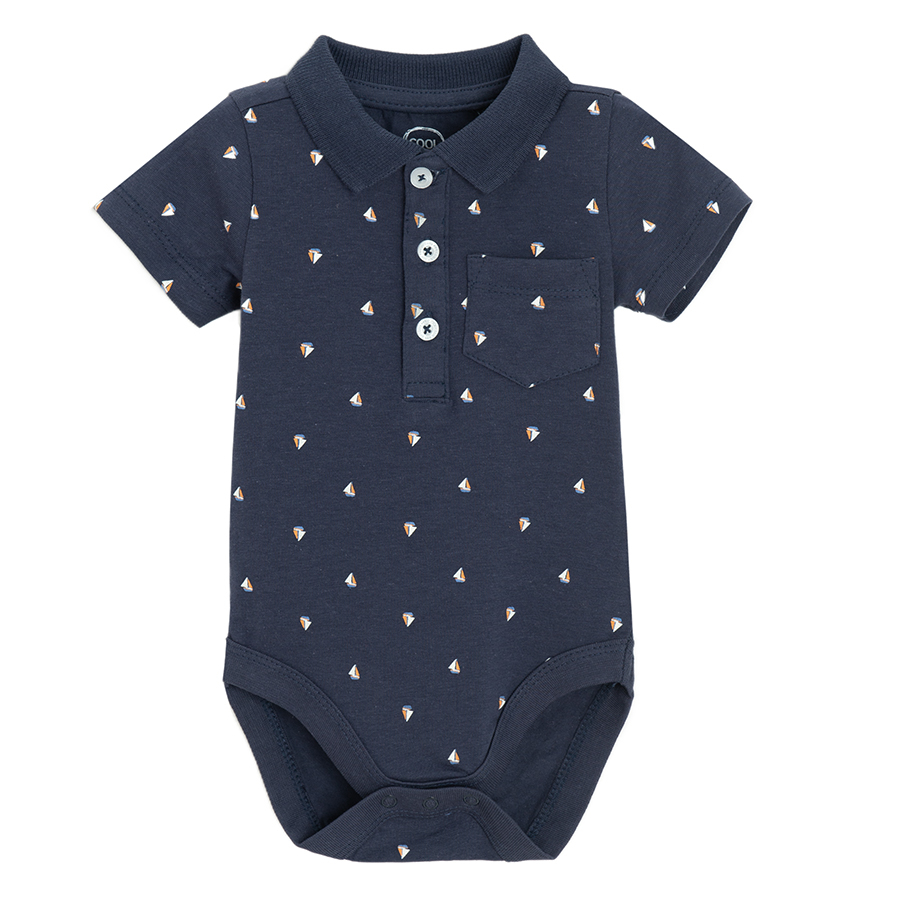 Blue short sleeve Polo bodysuit with brown pants set- 2 pieces
