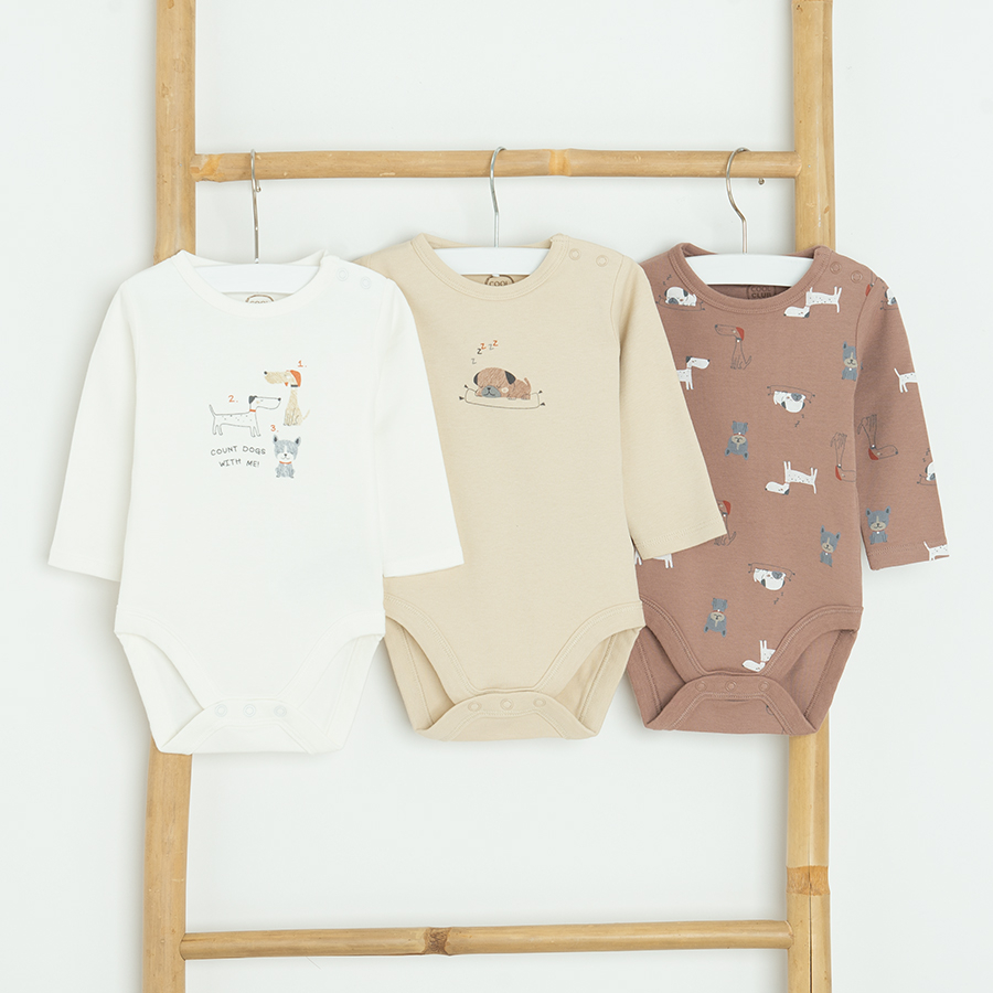 White, beige and brown long sleeve bodysuits with dogs print- 3 pack
