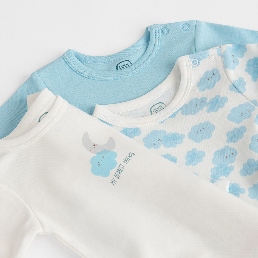 White, light blue and ecru long sleeve bodysuits with moon and clouds print- 3 pack