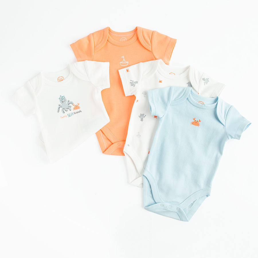 White, orange and light blue short sleeve bodysuits with sea world print- 4 pack