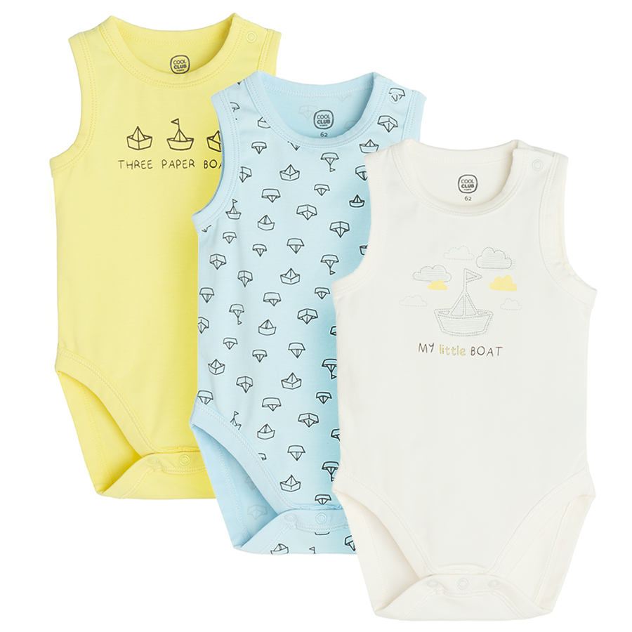 White, lime and light blue sleeveless bodysuits with boats print- 3 pack