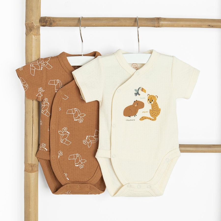 Beige and brown wrap short sleeve bodysuits with jungle animals print