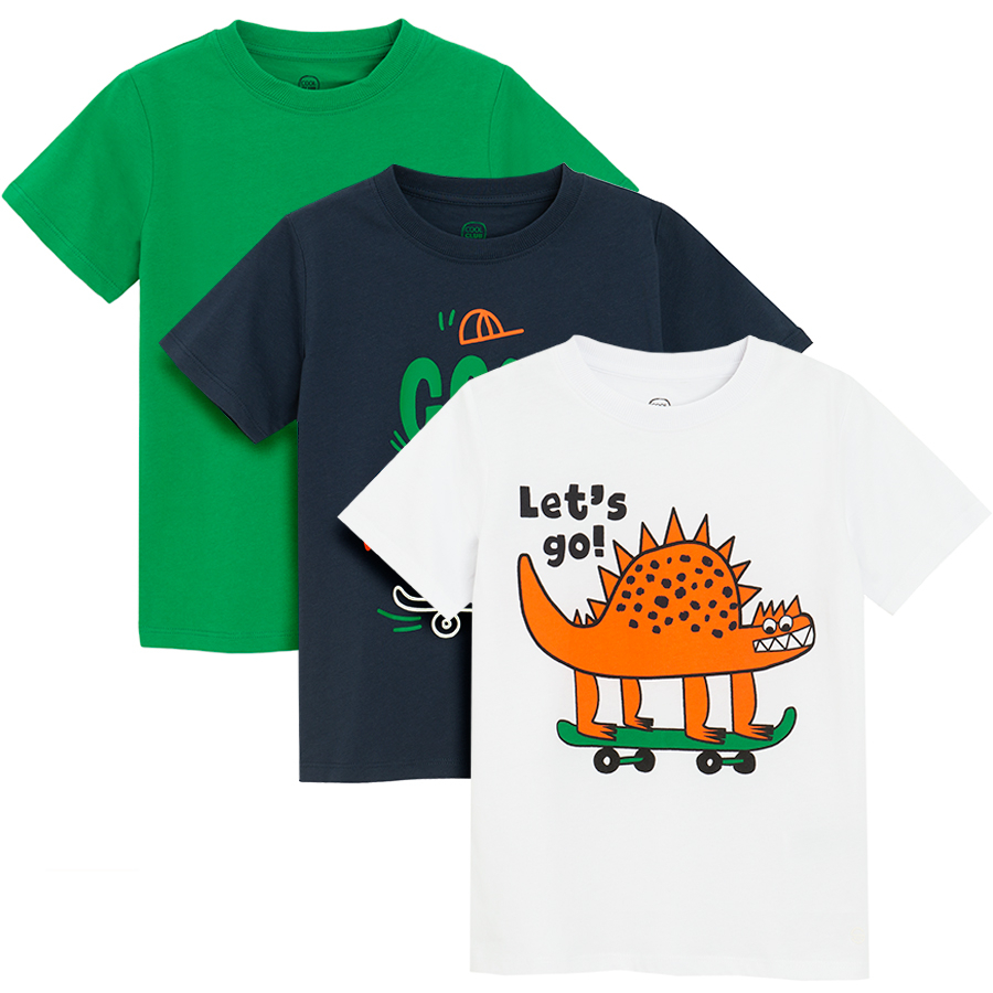 Green, blue COOL Dude on skateboard and white with dinosaur print T-shirts- 3 pack