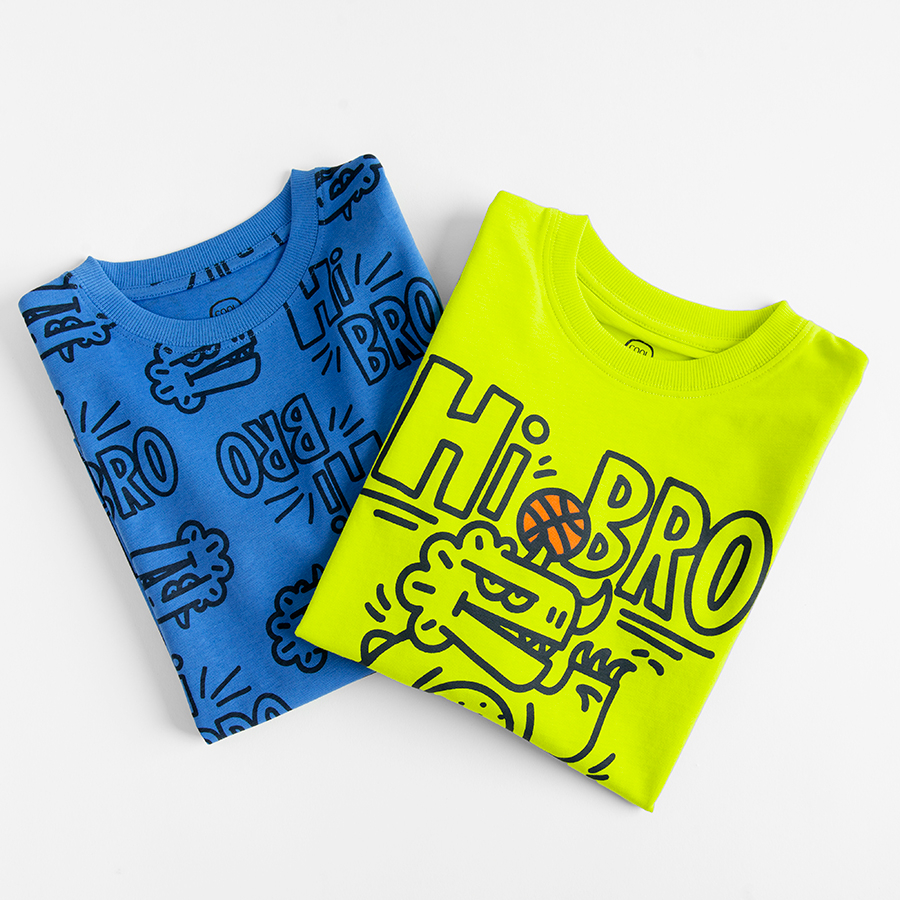 Blue and yellow fluo long sleeve blouses with dinosaurs print - 2 pack