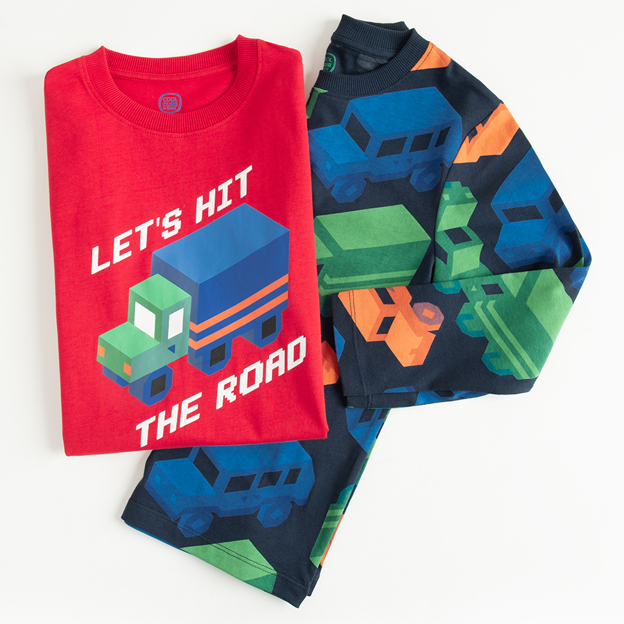 Red and blue long sleeve blouses with trucks pinti- LET'S HIT THE ROAD- 2 pack