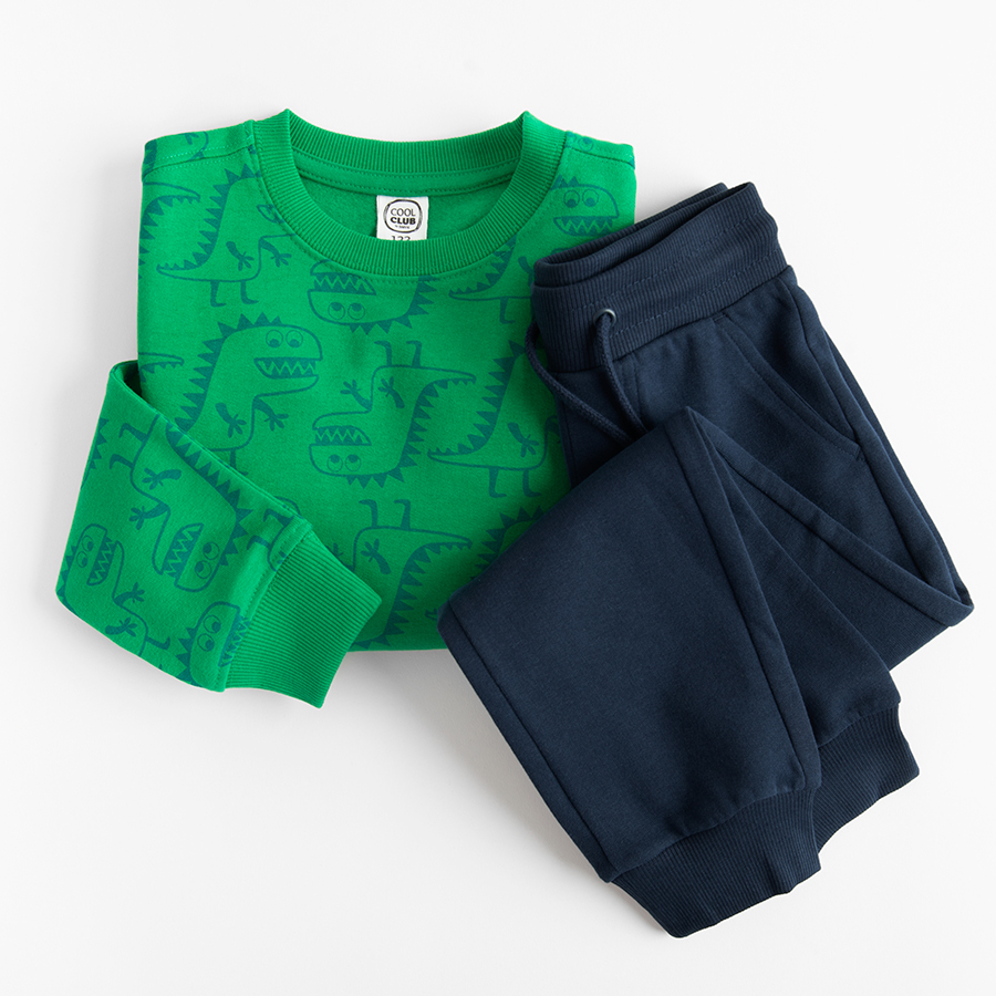 Σετ φόρμας φούτερ πράσινο με στάμπα δεινόσαυρους και παντελόνι μπλε