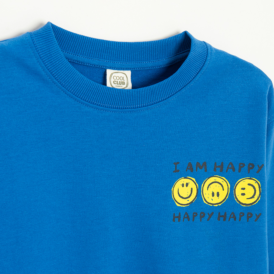 Blue sweatshirt with I AM HAPPY and Smileys print