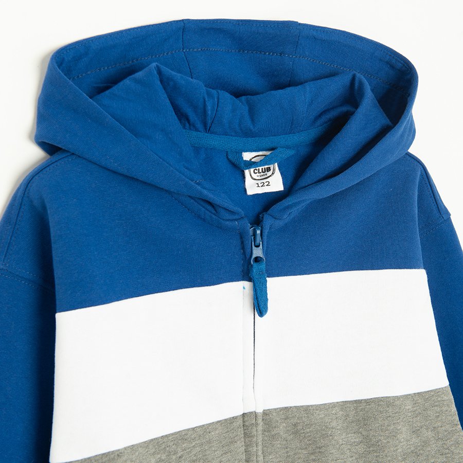Blue, grey, white hooded zip through sweatshirt