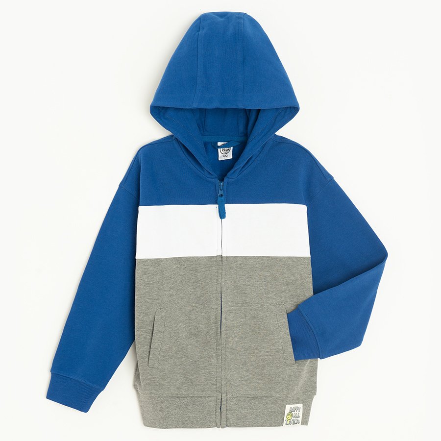 Blue, grey, white hooded zip through sweatshirt