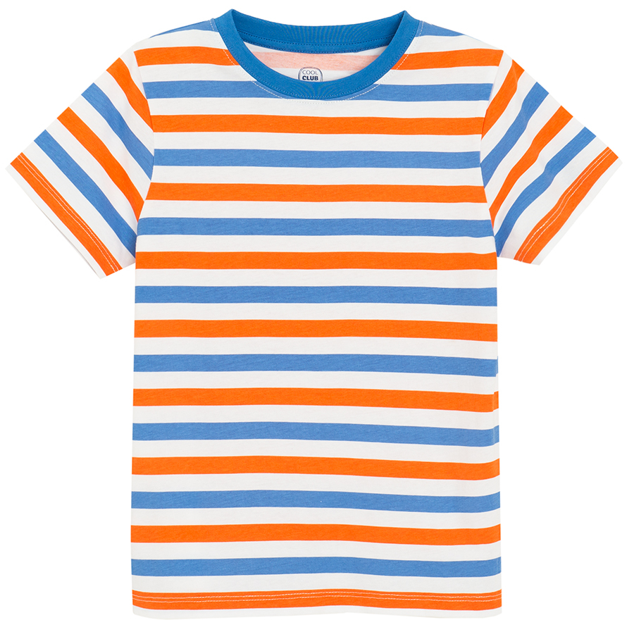 Μπλούζα κοντομάνικη 2 τμχ με ρίγες πορτοκαλί, λευκές και μπλε και πορτοκαλί με στάμπα προσωπάκι