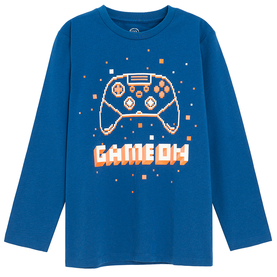 Blue long sleeve blouse with GAME ON print