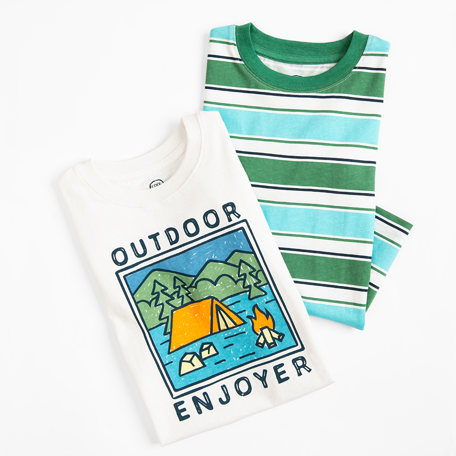 White T-shirt with Outdoors print and green stripes T-shirt- 2 pack