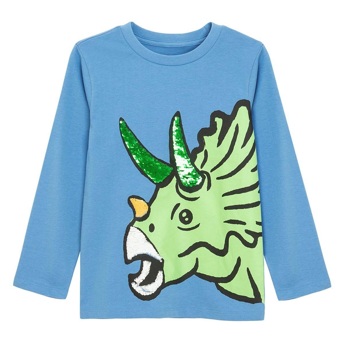 Blue long sleeve blouse with fluo dinosaur print