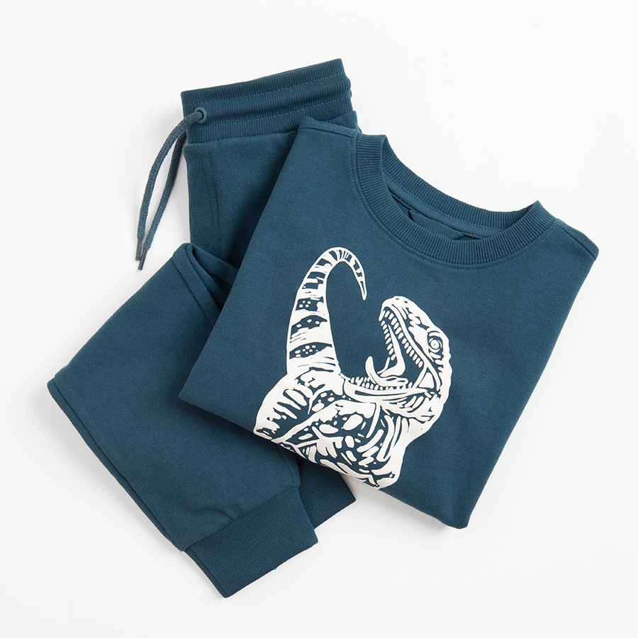 Jogging set, blue sweatshirt with dinosaur print and sweatpants