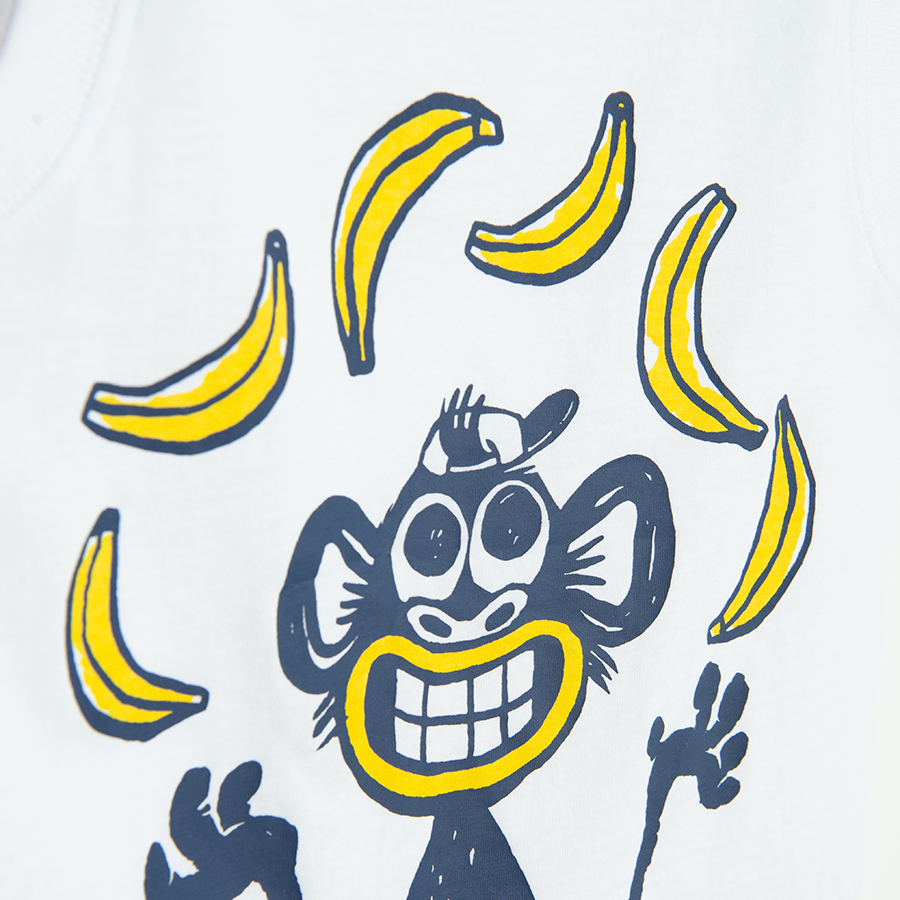 White with blue monkey and bananas and green with blue plam trees print T-shirts- 2 pack