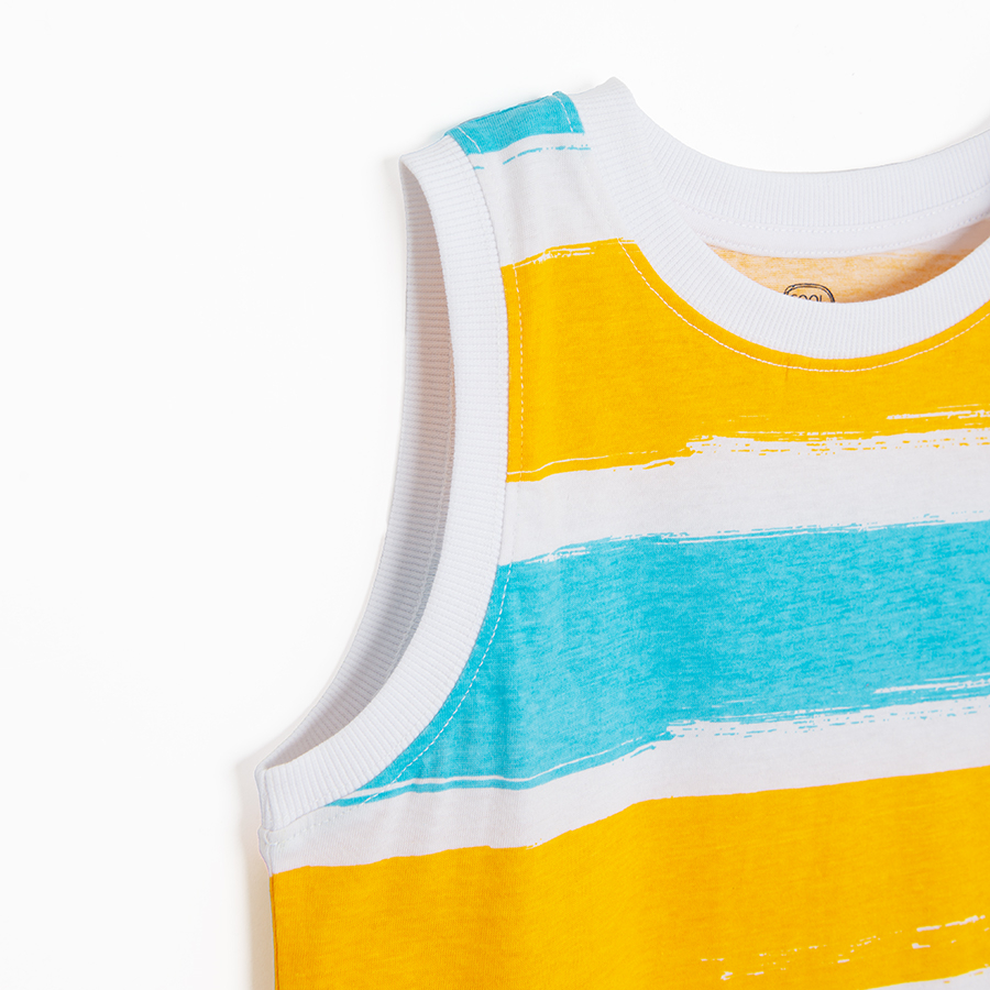 White, yellow, turquoise sleeveless T-shirt