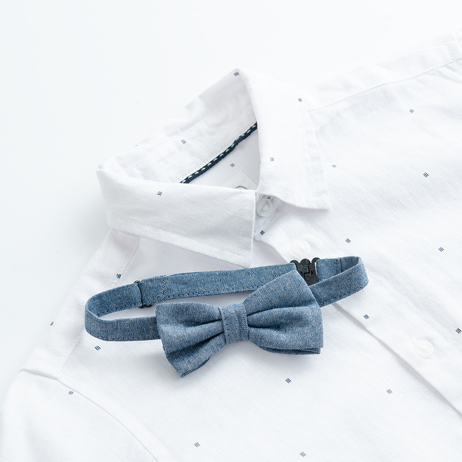 White long sleeve button down shirt with blue bow ties- 2 pieces