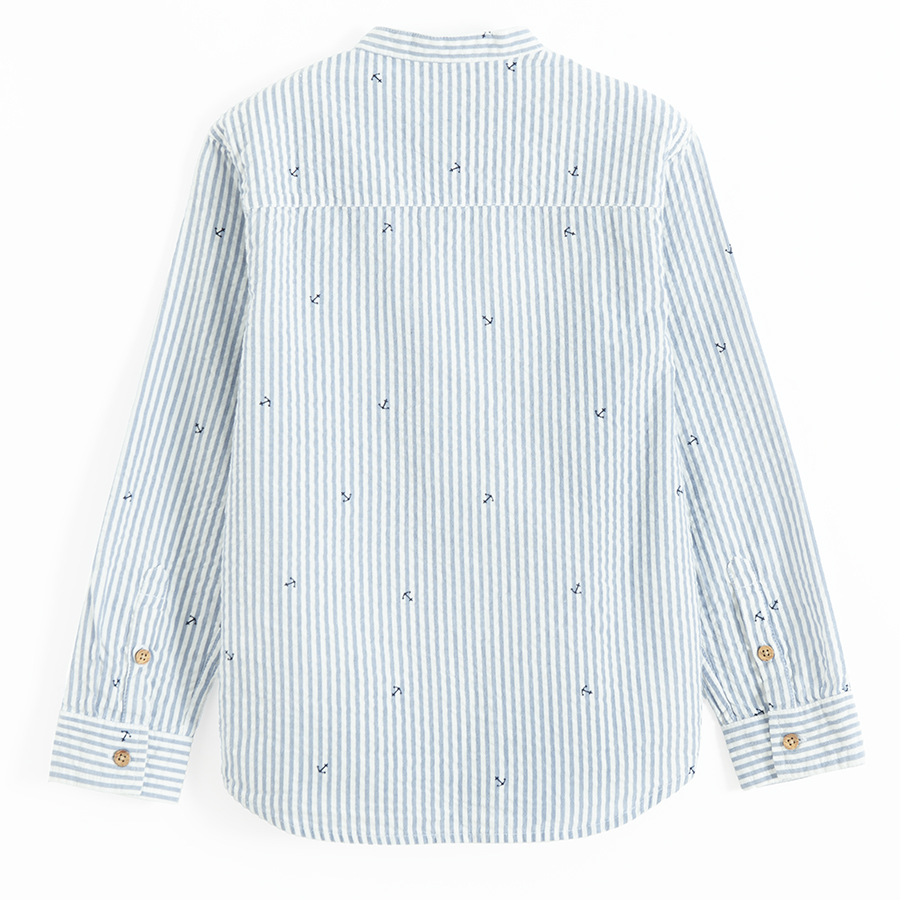 White and blue stripes button down long sleeve shirt with mao collar