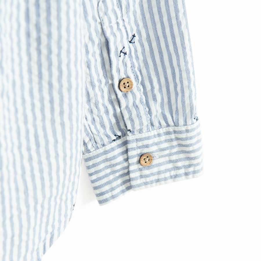 White and blue stripes button down long sleeve shirt with mao collar