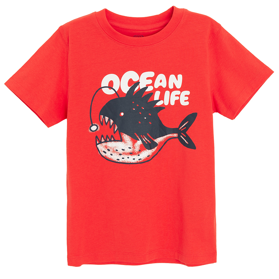 Μπλούζα κοντομάνικη 2 τμχ λευκή και κόκκινη με στάμπα ψάρια OCEAN LIFE