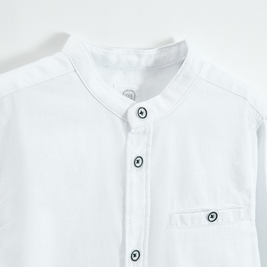 White long sleeve button down shirt with mao collar