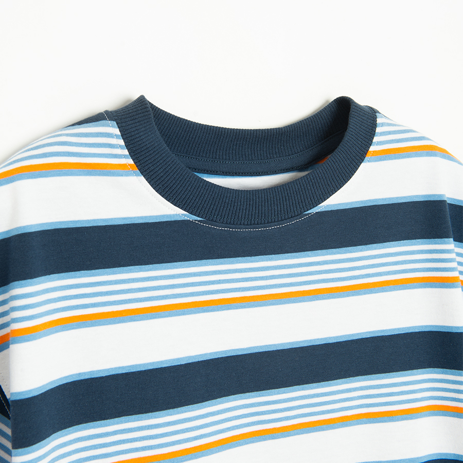 Blue, white, brown stripes print T-shirt