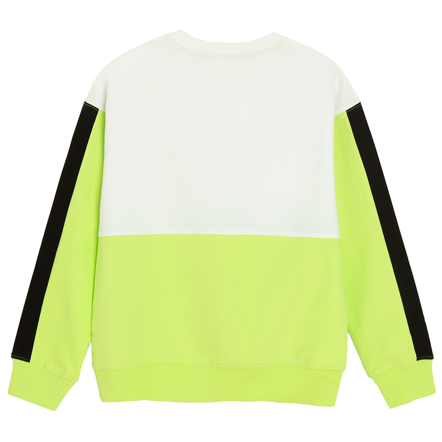 White, green and black sweatshirt