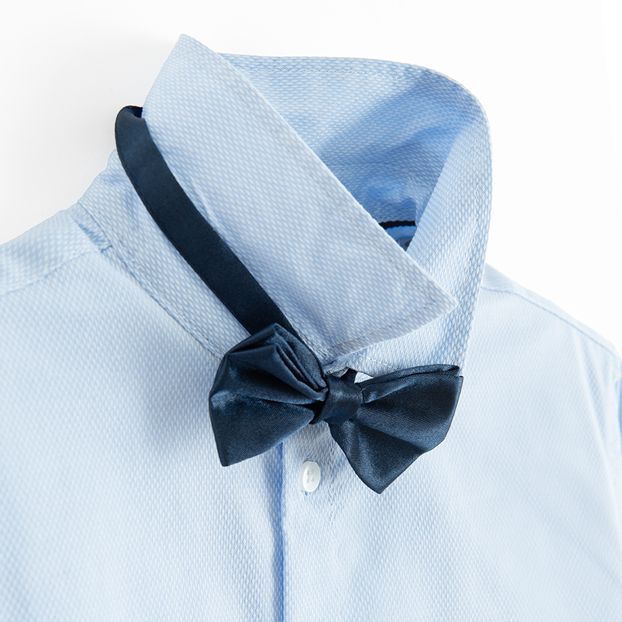 Blue long sleeve button down shirt with blue bow tie- 2 pieces